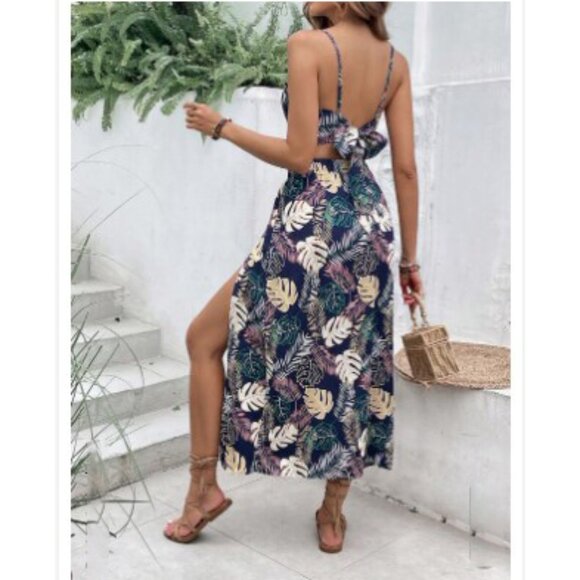 🩵 2 piece skirt set tropical leaf print crop top & maxi skirt boho - Picture 2 of 3